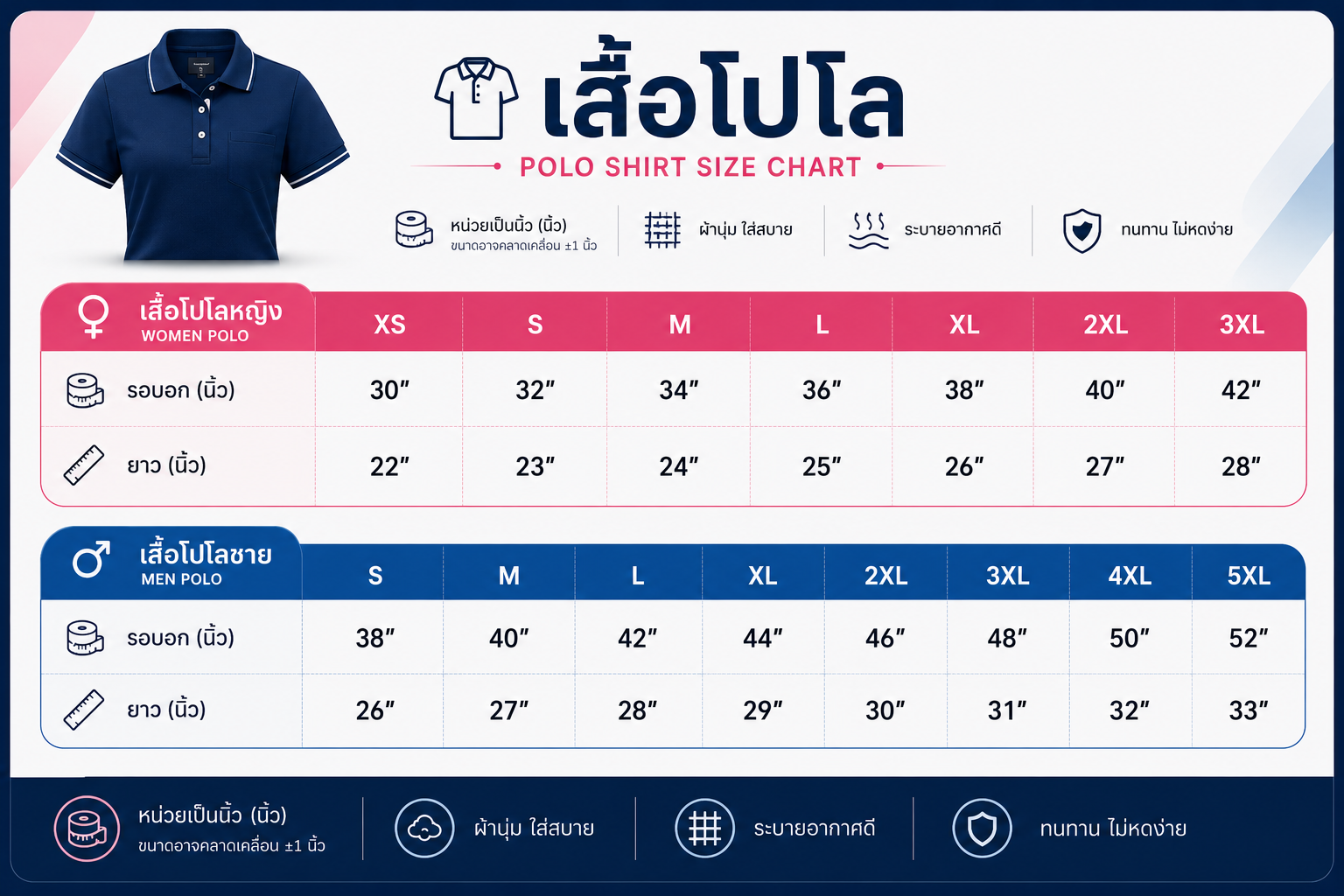 ตารางไซส์เสื้อโปโล